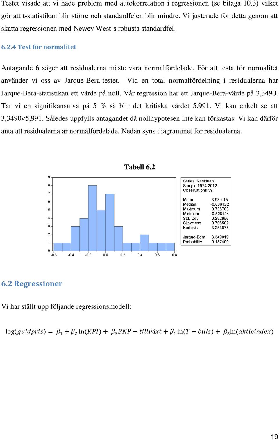 För att testa för normalitet använder vi oss av Jarque-Bera-testet. Vid en total normalfördelning i residualerna har Jarque-Bera-statistikan ett värde på noll.