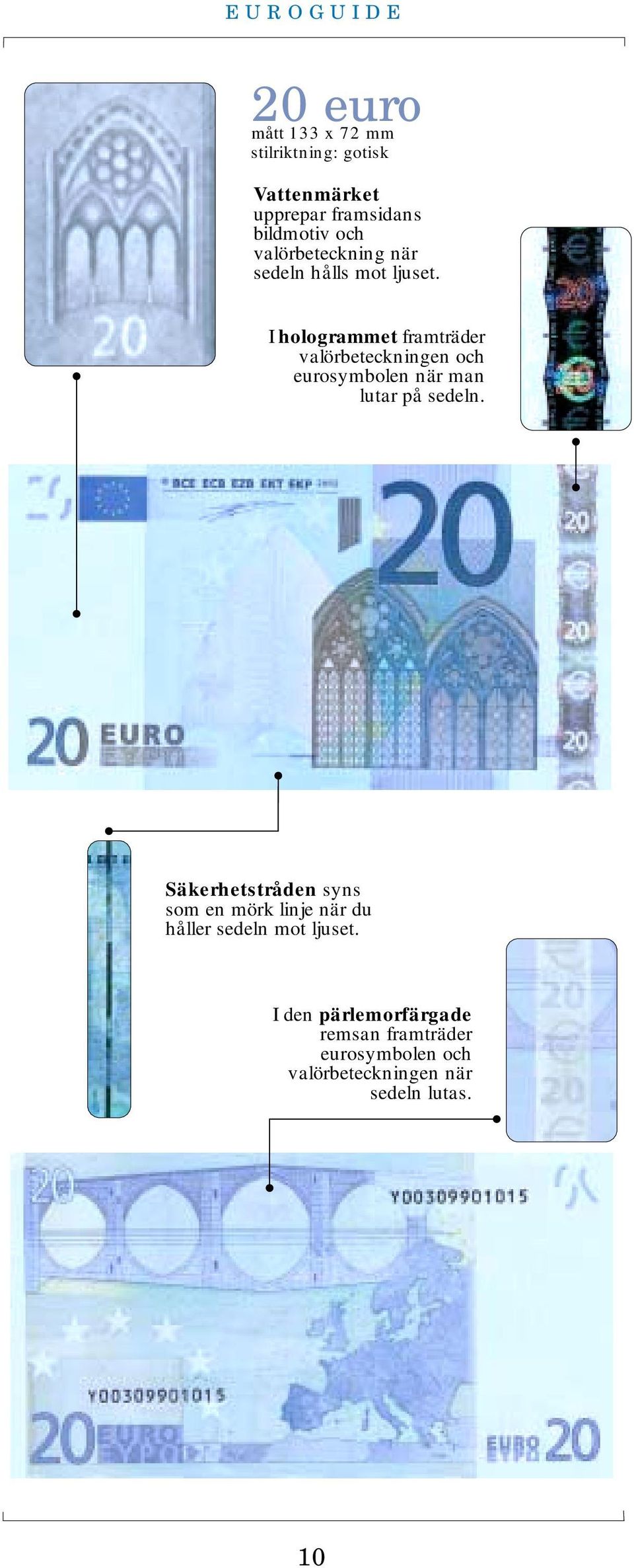 I hologrammet framträder valörbeteckningen och eurosymbolen när man lutar på sedeln.