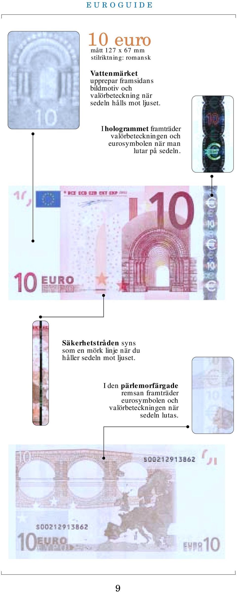 I hologrammet framträder valörbeteckningen och eurosymbolen när man lutar på sedeln.