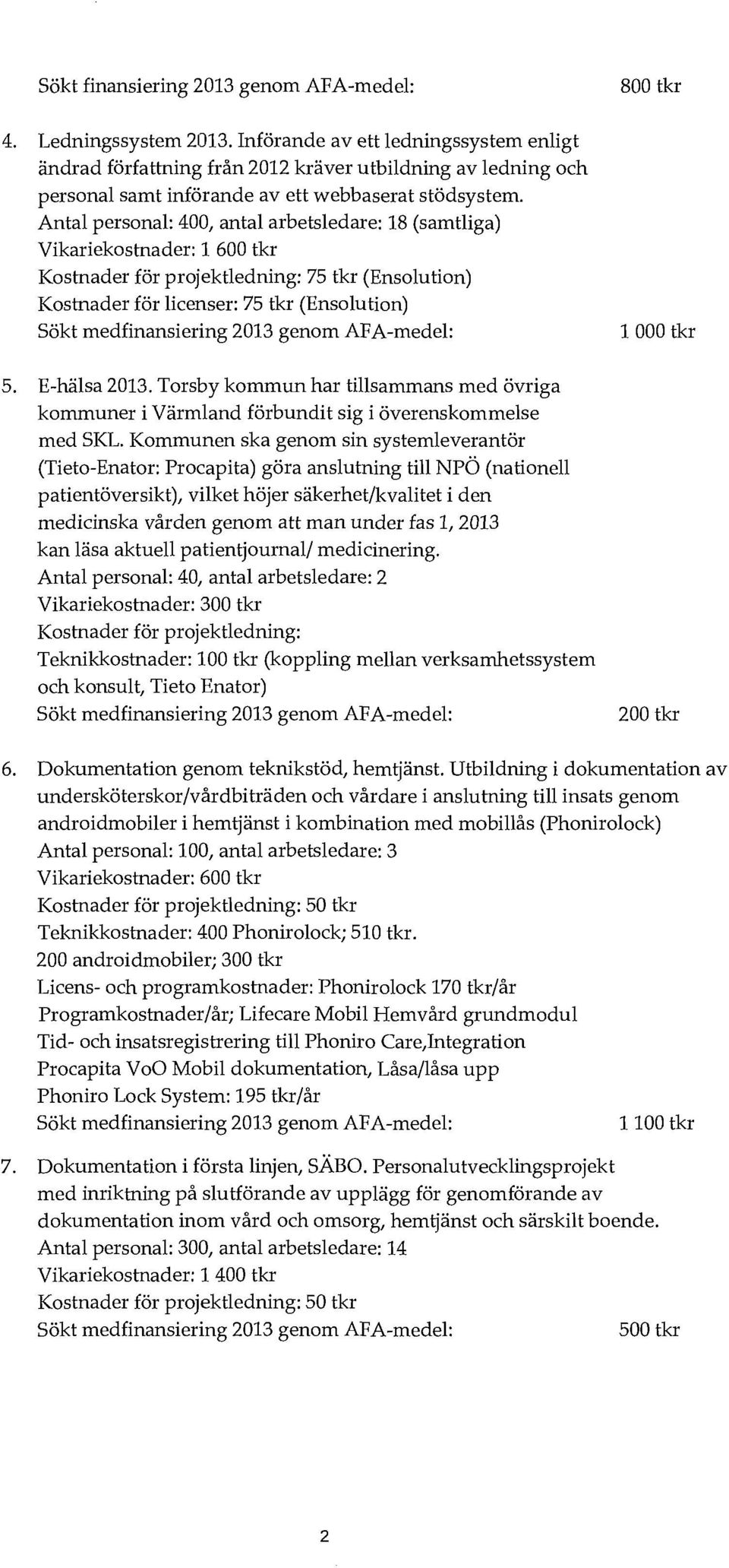 Antal personal: 400, antal arbetsledare: 18 (samtliga) Vikariekostnader: 1 600 tkr Kostnader för projektledning: 75 tkr (Ensolution) Kostnader för licenser: 75 tkr (Ensolution) Sökt medfinansiering