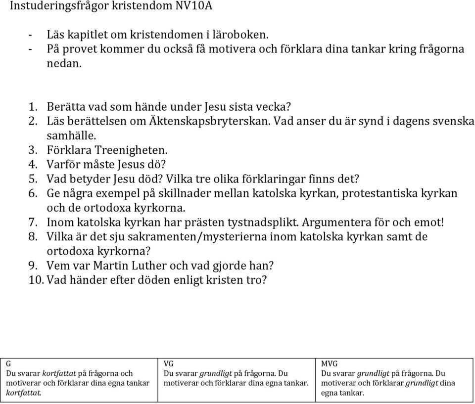 Vad betyder Jesu död? Vilka tre olika förklaringar finns det? 6. Ge några exempel på skillnader mellan katolska kyrkan, protestantiska kyrkan och de ortodoxa kyrkorna. 7.