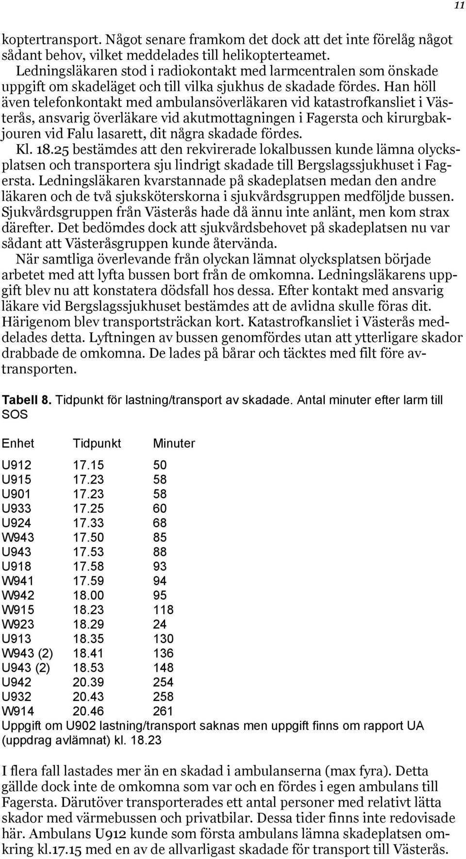 Han höll även telefonkontakt med ambulansöverläkaren vid katastrofkansliet i Västerås, ansvarig överläkare vid akutmottagningen i Fagersta och kirurgbakjouren vid Falu lasarett, dit några skadade