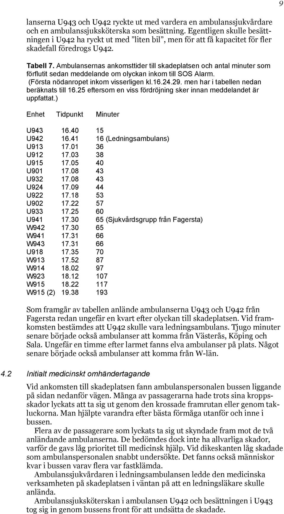 Ambulansernas ankomsttider till skadeplatsen och antal minuter som förflutit sedan meddelande om olyckan inkom till SOS Alarm. (Första nödanropet inkom visserligen kl.16.24.29.