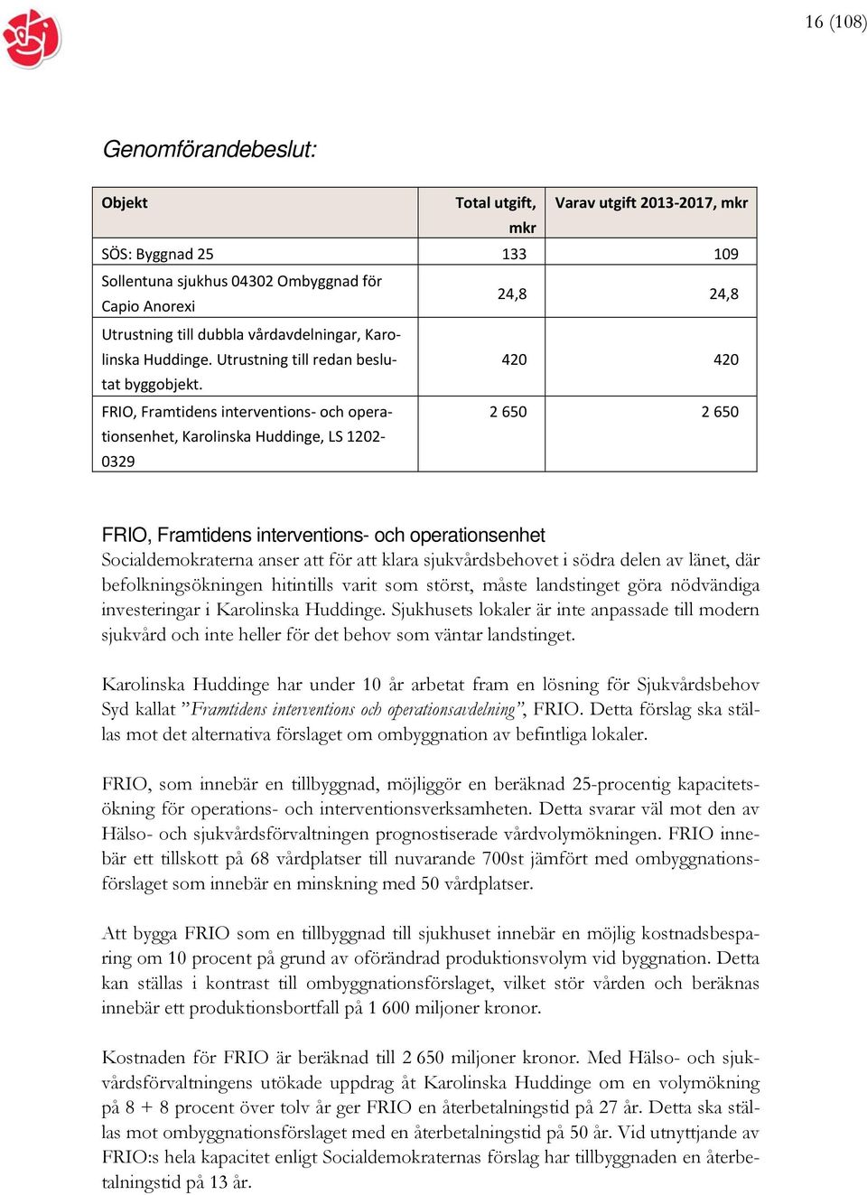 FRIO, Framtidens interventions och operationsenhet, Karolinska Huddinge, LS 1202 0329 2 650 2 650 FRIO, Framtidens interventions- och operationsenhet Socialdemokraterna anser att för att klara