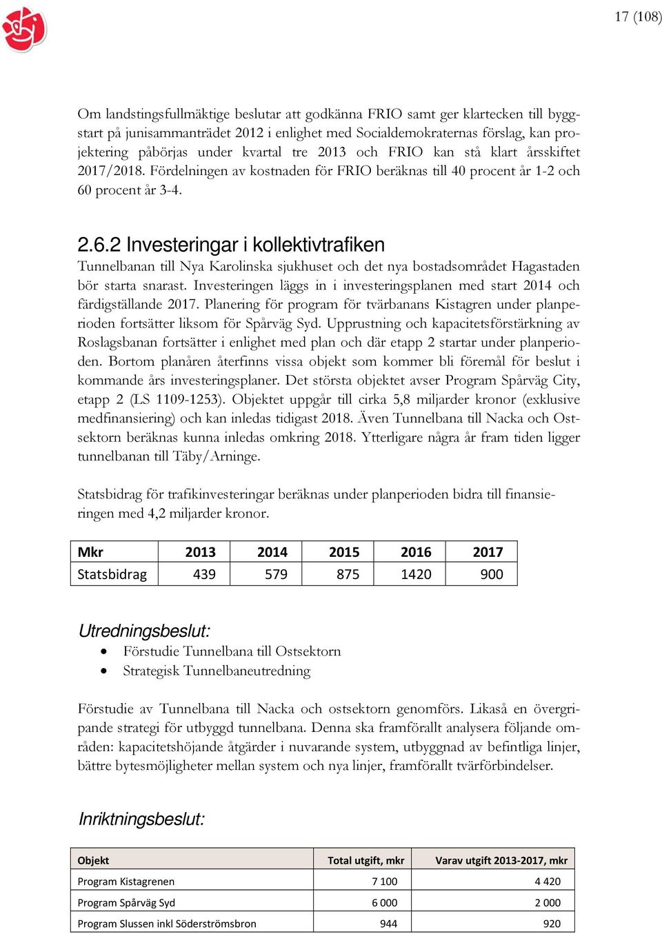 procent år 3-4. 2.6.2 Investeringar i kollektivtrafiken Tunnelbanan till Nya Karolinska sjukhuset och det nya bostadsområdet Hagastaden bör starta snarast.