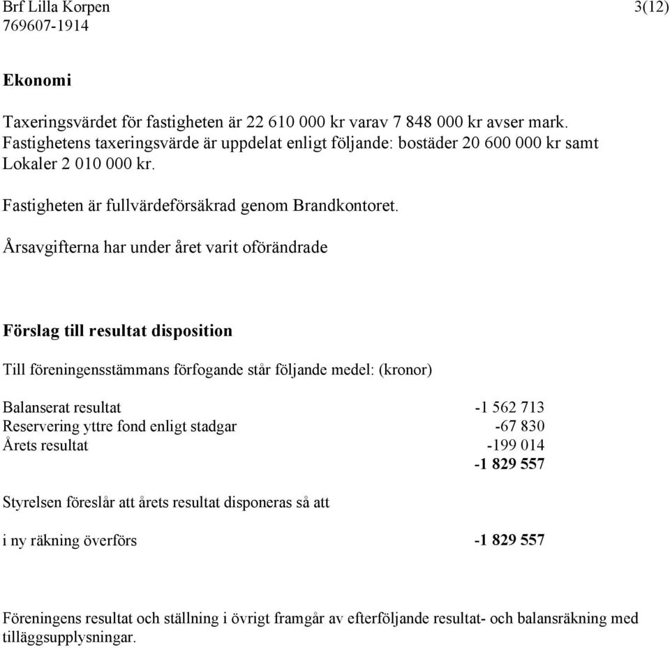 Årsavgifterna har under året varit oförändrade Förslag till resultat disposition Till föreningensstämmans förfogande står följande medel: (kronor) Balanserat resultat -1 562 713