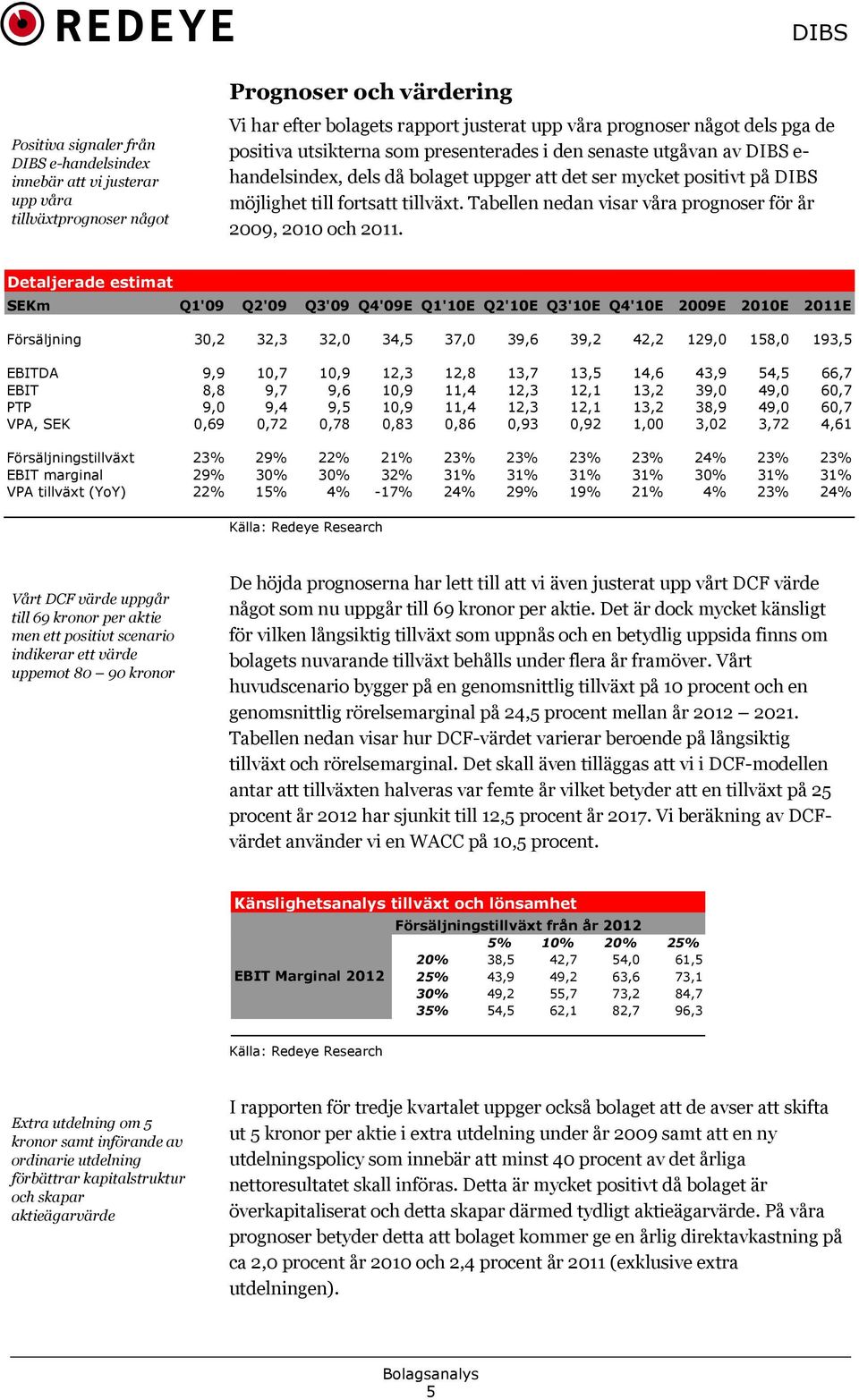 Tabellen nedan visar våra prognoser för år 2009, 2010 och 2011.