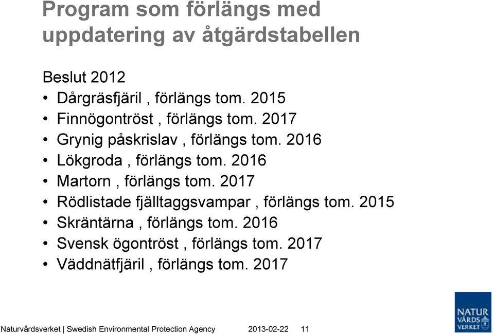 2016 Martorn, förlängs tom. 2017 Rödlistade fjälltaggsvampar, förlängs tom. 2015 Skräntärna, förlängs tom.