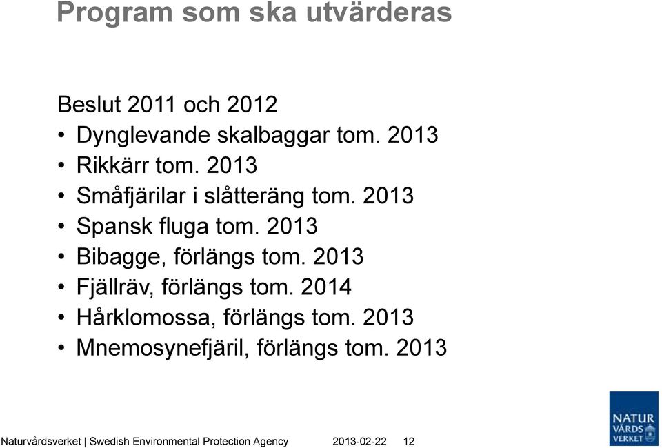 2013 Bibagge, förlängs tom. 2013 Fjällräv, förlängs tom. 2014 Hårklomossa, förlängs tom.