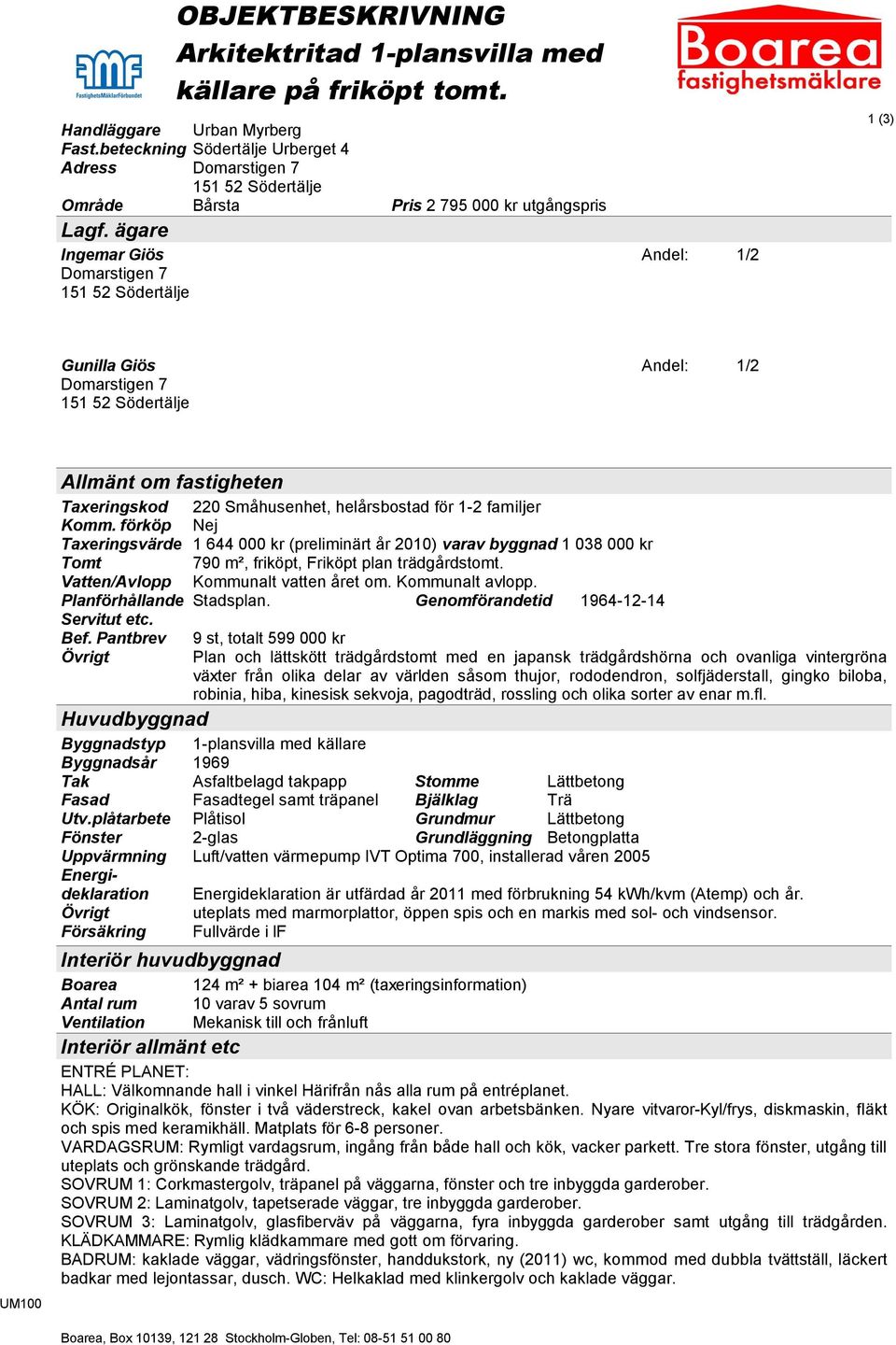 ägare Ingemar Giös Andel: 1/2 Domarstigen 7 151 52 Södertälje 1 (3) Gunilla Giös Andel: 1/2 Domarstigen 7 151 52 Södertälje Allmänt om fastigheten Taxeringskod 220 Småhusenhet, helårsbostad för 1-2