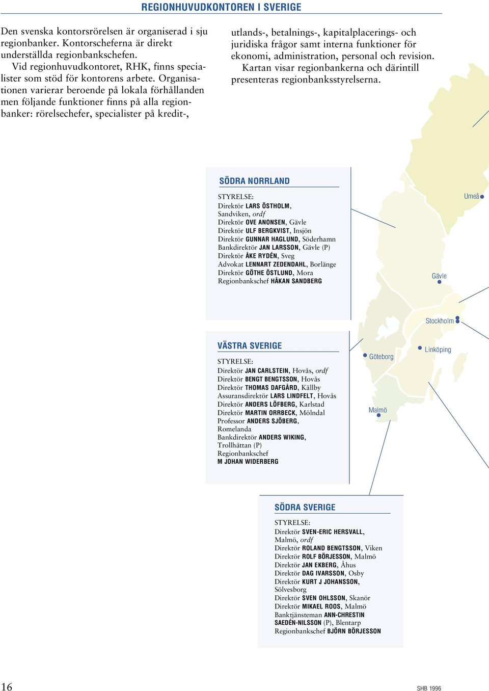Organisationen varierar beroende på lokala förhållanden men följande funktioner finns på alla regionbanker: rörelsechefer, specialister på kredit-, utlands-, betalnings-, kapitalplacerings- och