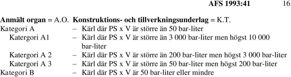 bar-liter men högst 10 000 bar-liter Katergori A 2 Kärl där PS x V är större än 200 bar-liter men högst 3 000