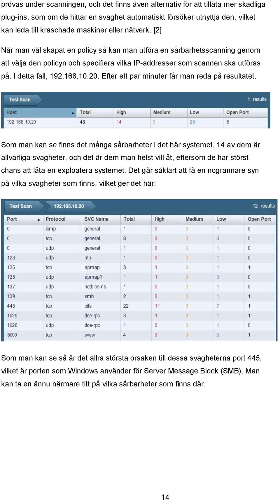 10.20. Efter ett par minuter får man reda på resultatet. Som man kan se finns det många sårbarheter i det här systemet.