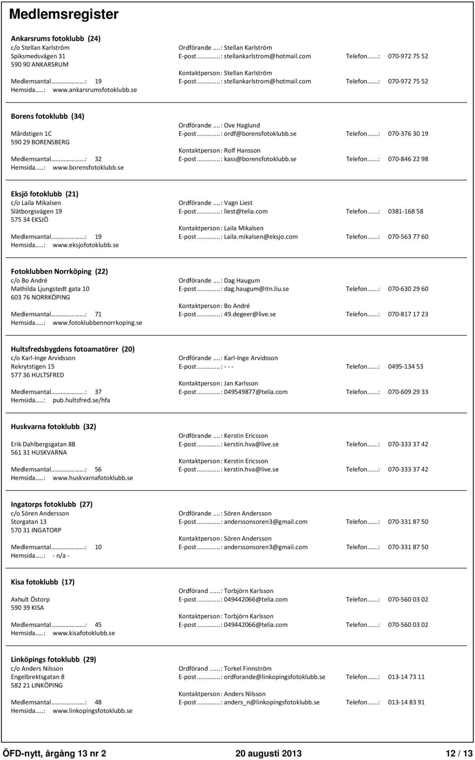 se Borens fotoklubb (34) Ordförande...: Ove Haglund Mårdstigen 1C E-post...: ordf@borensfotoklubb.se Telefon...: 070-376 3019 59029 BORENSBERG Kontaktperson : Rolf Hansson Medlemsantal...: 32 E-post.