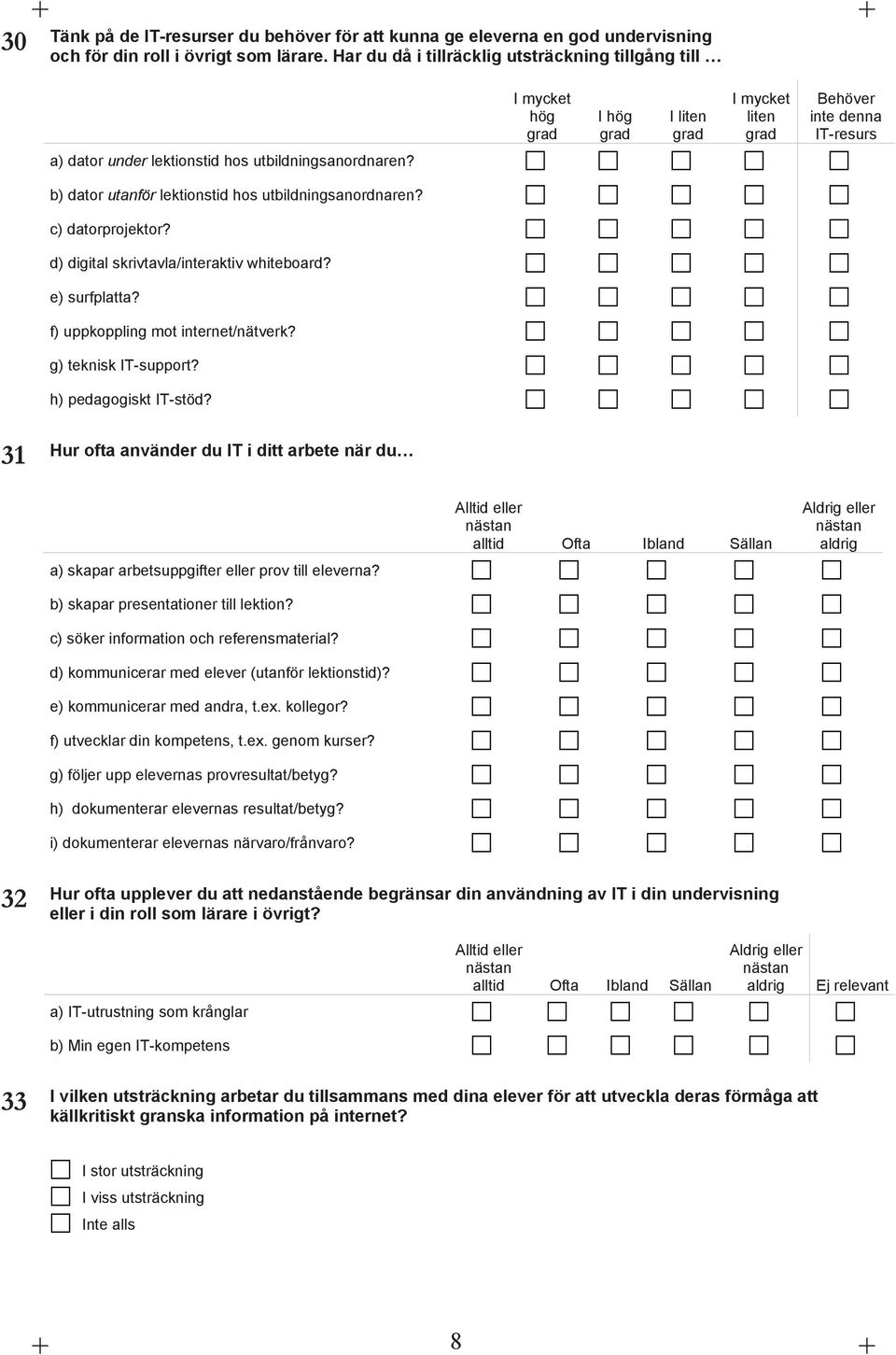 b) dator utanför lektionstid hos utbildningsanordnaren? c) datorprojektor? d) digital skrivtavla/interaktiv whiteboard? e) surfplatta? f) uppkoppling mot internet/nätverk? g) teknisk IT-support?