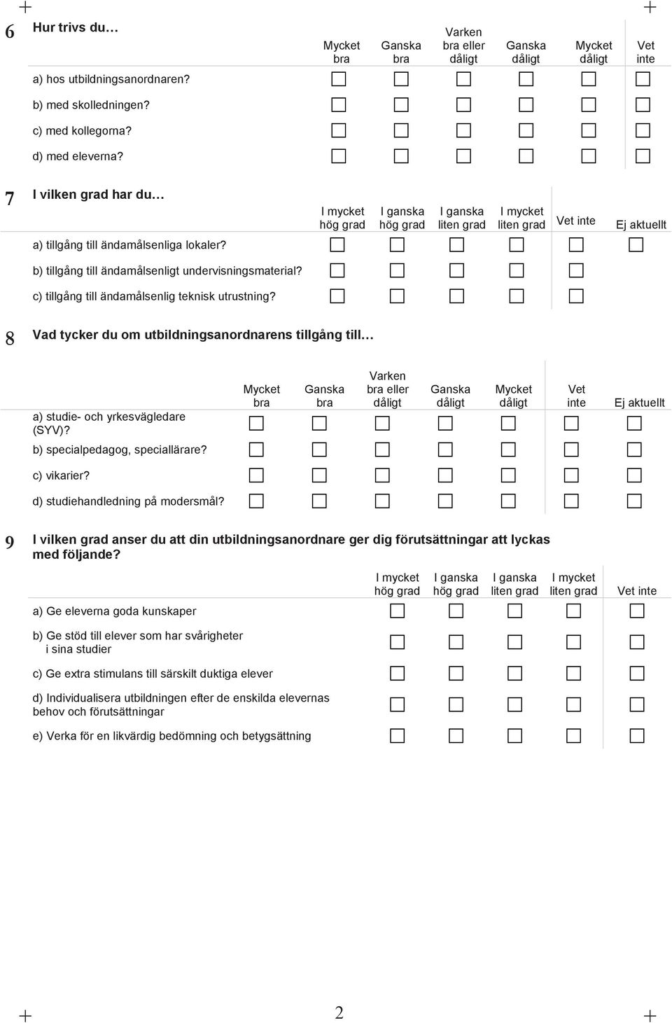 c) tillgång till ändamålsenlig teknisk utrustning? 8 Vad tycker du om utbildningsanordnarens tillgång till a) studie- och yrkesvägledare (SYV)?