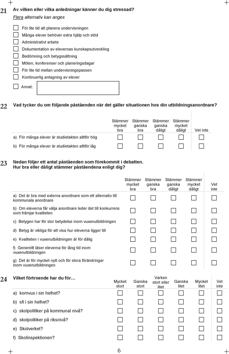 betygssättning Möten, konferenser och planeringsdagar För lite tid mellan undervisningspassen Kontinuerlig antagning av elever Annat: 22 Vad tycker du om följande påståenden när det gäller