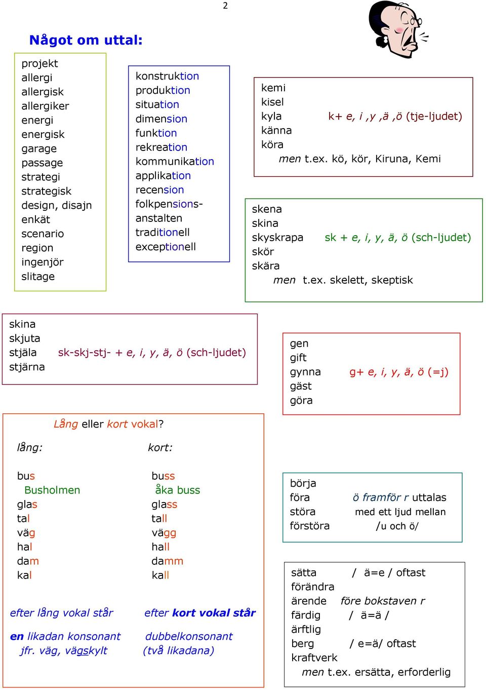 ex. skelett, skeptisk skina skjuta stjäla stjärna sk-skj-stj- + e, i, y, ä, ö (sch-ljudet) gen gift gynna gäst göra g+ e, i, y, ä, ö (=j) Lång eller kort vokal?