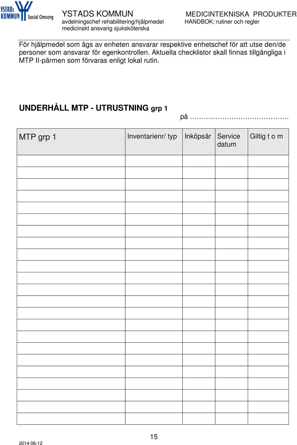 Aktuella checklistor skall finnas tillgängliga i MTP II-pärmen som förvaras