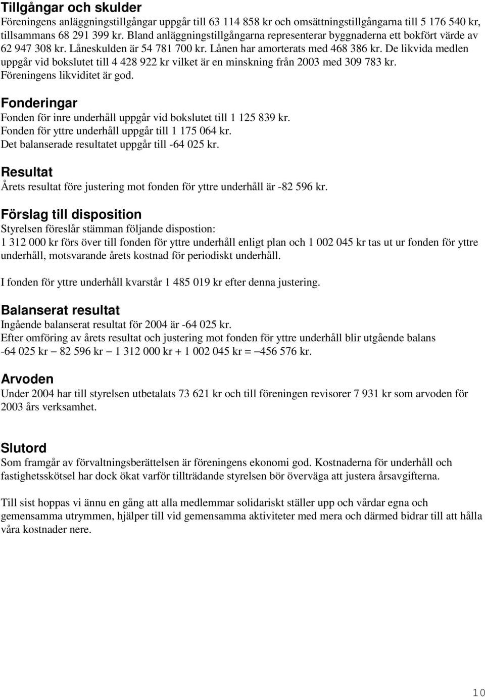 De likvida medlen uppgår vid bokslutet till 4 428 922 kr vilket är en minskning från 2003 med 309 783 kr. Föreningens likviditet är god.