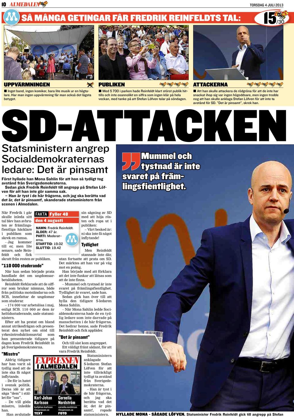 SD-ATTACKEN Statsministern angrep Socialdemokraternas ledare: Det är pinsamt Först hyllade han Mona Sahlin för att hon så tydligt tog avstånd från Sverigedemokraterna.