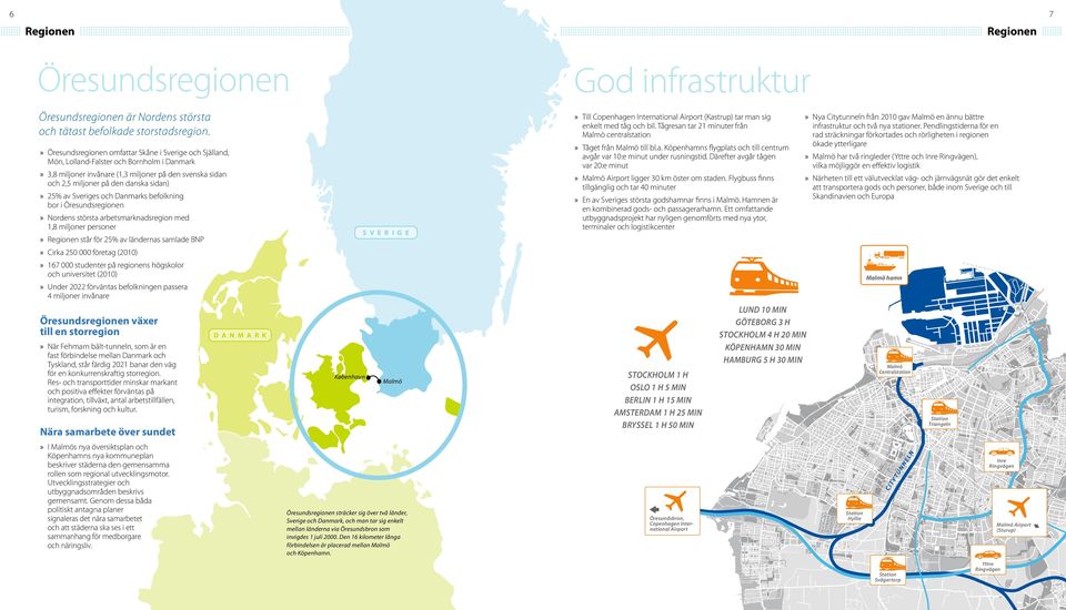 Tågresan tar 21 minuter från Malmö centralstation Öresundsregionen omfattar Skåne i Sverige och Själland, Mön, Lolland-Falster och Bornholm i Danmark Tåget från Malmö till bl.a. Köpenhamns flygplats och till centrum avgår var 1:e minut under rusningstid.