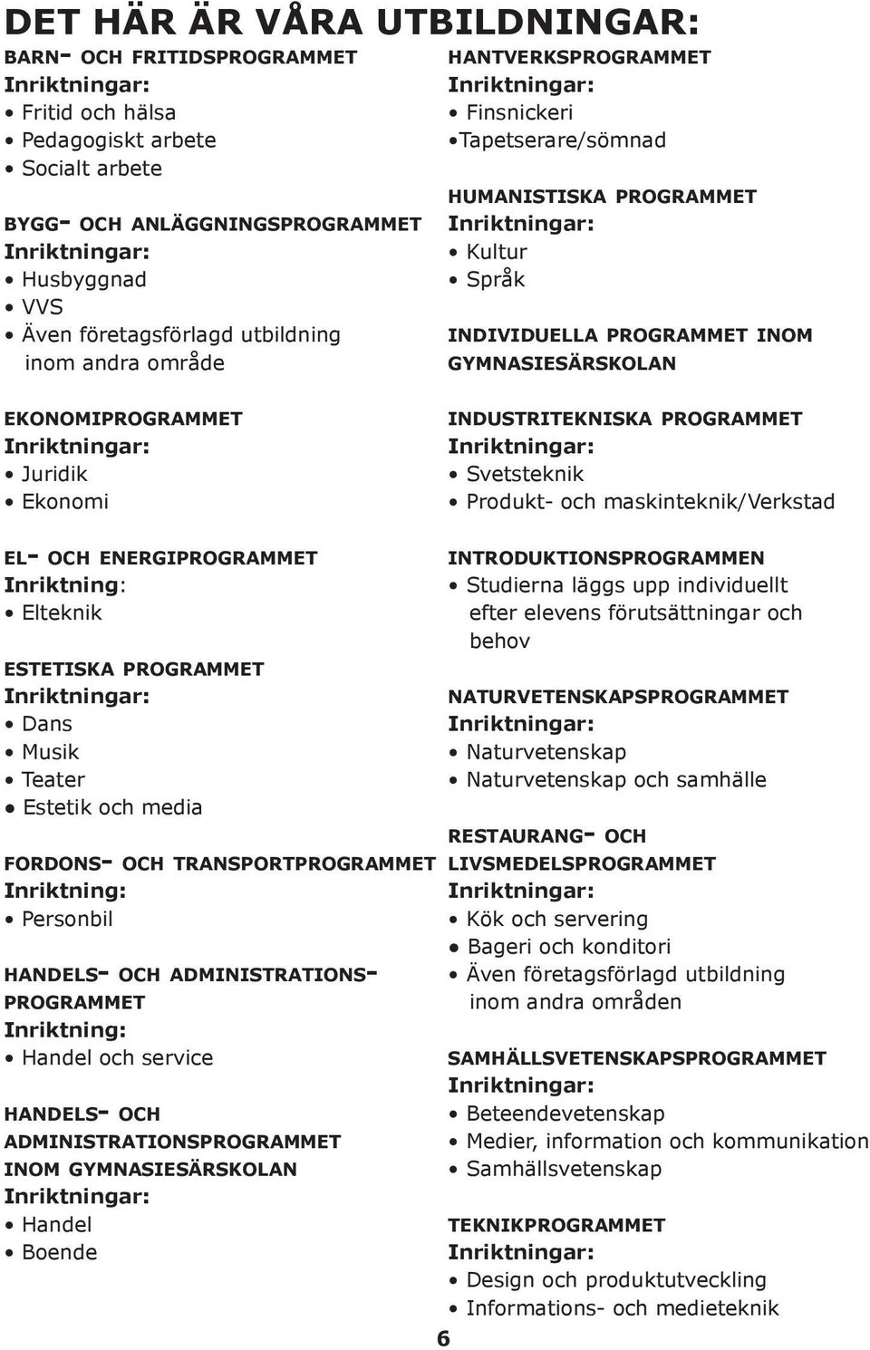 gymnasiesärskolan ekonomiprogrammet Inriktningar: Juridik Ekonomi industritekniska programmet Inriktningar: Svetsteknik Produkt- och maskinteknik/verkstad el- och energiprogrammet Inriktning: