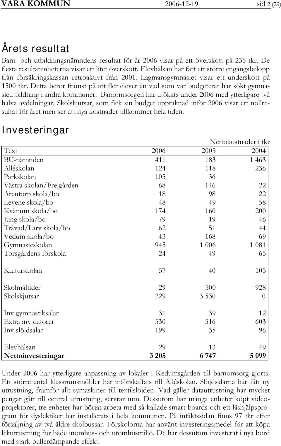 Detta beror främst på att fler elever än vad som var budgeterat har sökt gymnasieutbildning i andra kommuner. Barnomsorgen har utökats under 2006 med ytterligare två halva avdelningar.