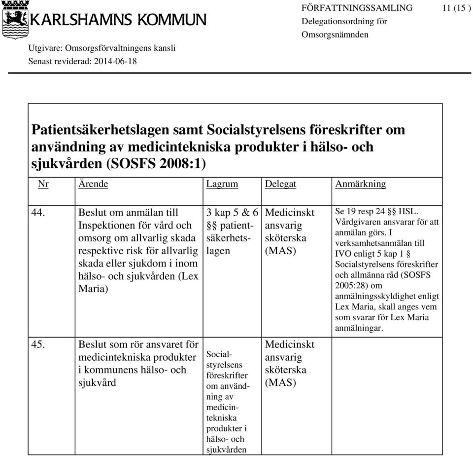 Medicinskt ansvarig sköterska (MAS) Se 19 resp 24 HSL. Vårdgivaren ansvarar för att anmälan görs.