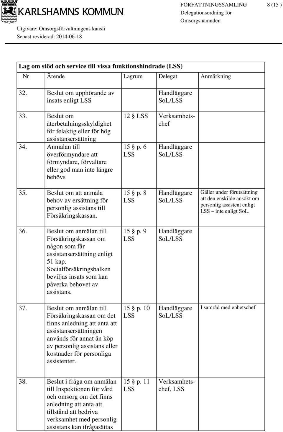 Beslut om att anmäla behov av ersättning för personlig assistans till Försäkringskassan. 15 p. 8 Gäller under förutsättning att den enskilde ansökt om personlig assistent enligt inte enligt. 36.