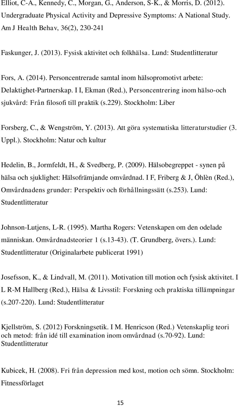 ), Personcentrering inom hälso-och sjukvård: Från filosofi till praktik (s.229). Stockholm: Liber Forsberg, C., & Wengström, Y. (2013). Att göra systematiska litteraturstudier (3. Uppl.). Stockholm: Natur och kultur Hedelin, B.