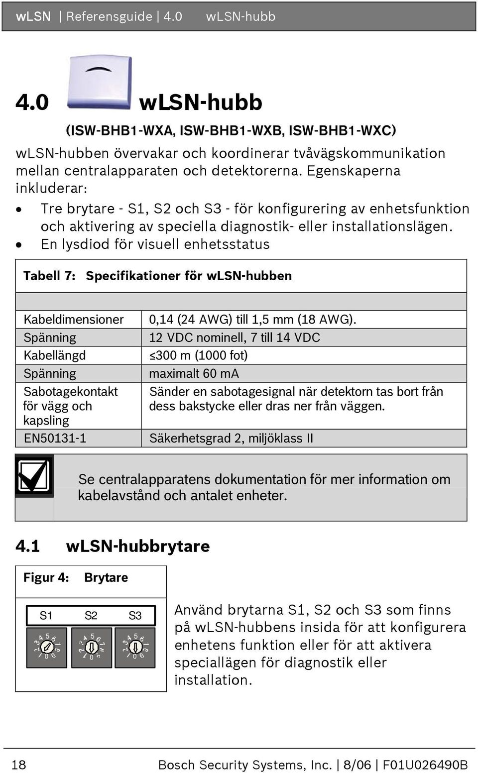 En lysdiod för visuell enhetsstatus Tabell 7: Specifikationer för wlsn-hubben Kabeldimensioner Spänning Kabellängd Spänning Sabotagekontakt för vägg och kapsling EN50131-1 0,14 (24 AWG) till 1,5 mm