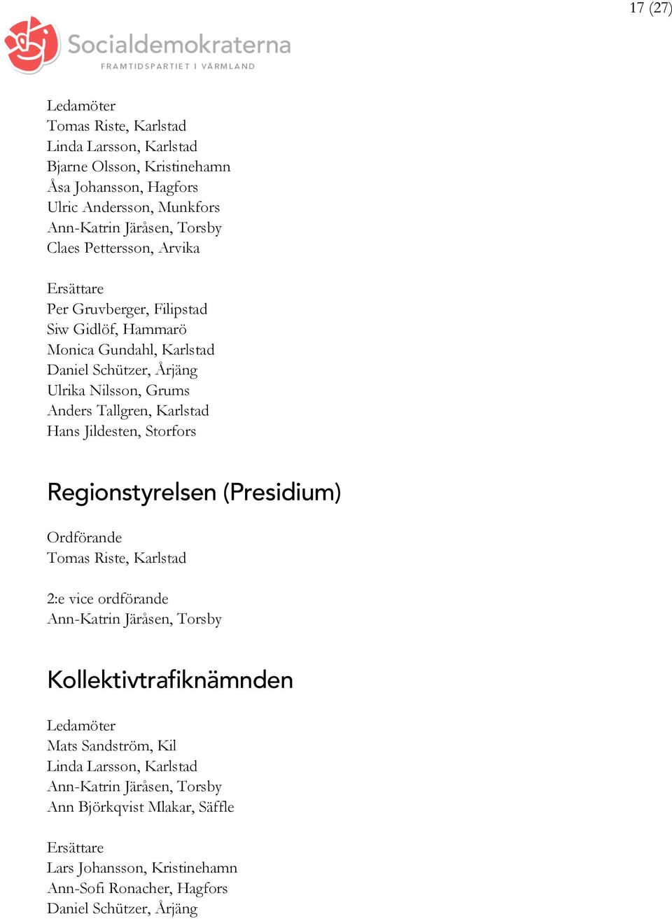 Regionstyrelsen (Presidium) Ordförande Tomas Riste, Karlstad 2:e vice ordförande Ann-Katrin Järåsen, Torsby Kollektivtrafiknämnden Mats Sandström, Kil