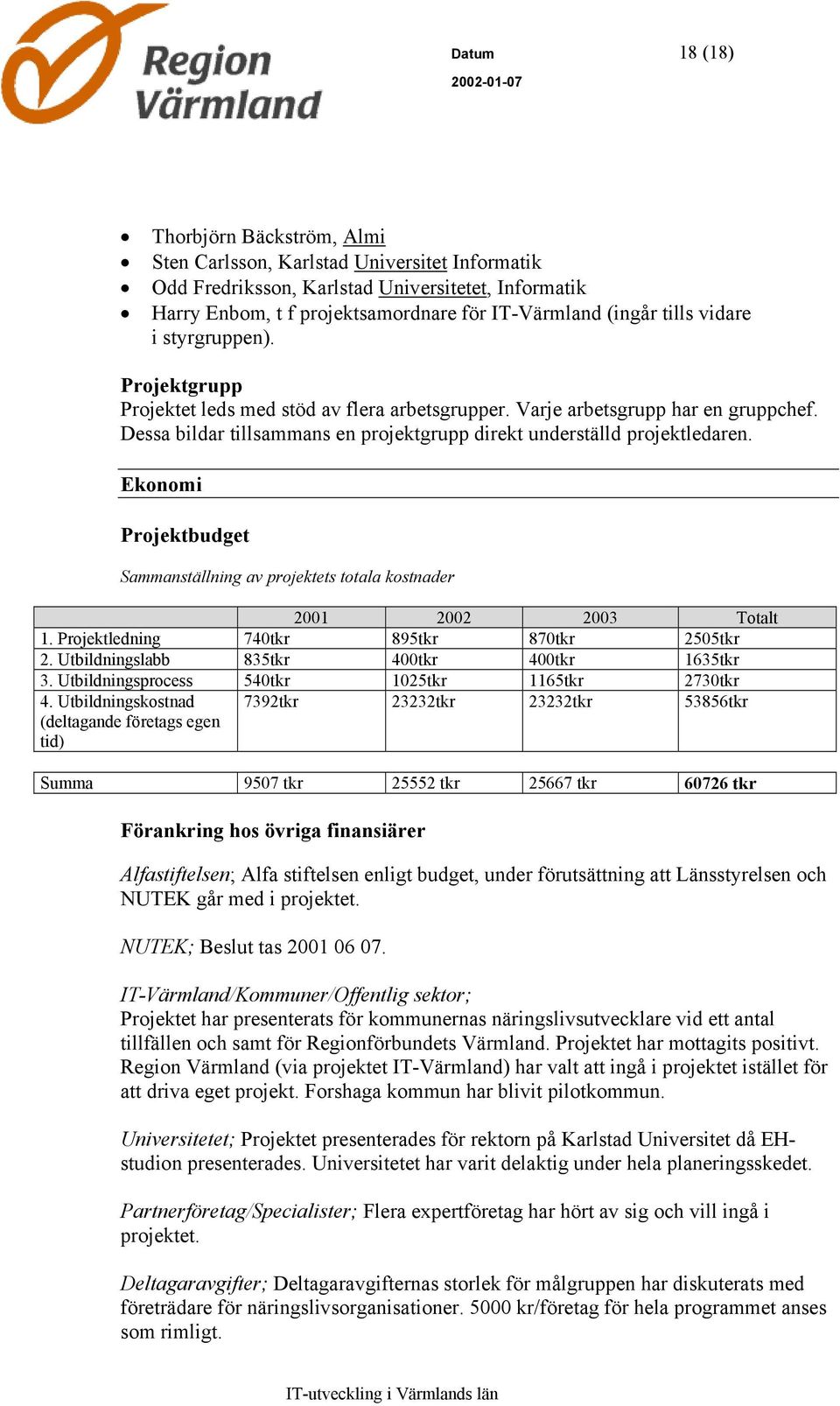 Dessa bildar tillsammans en projektgrupp direkt underställd projektledaren. Ekonomi Projektbudget Sammanställning av projektets totala kostnader 2001 2002 2003 Totalt 1.