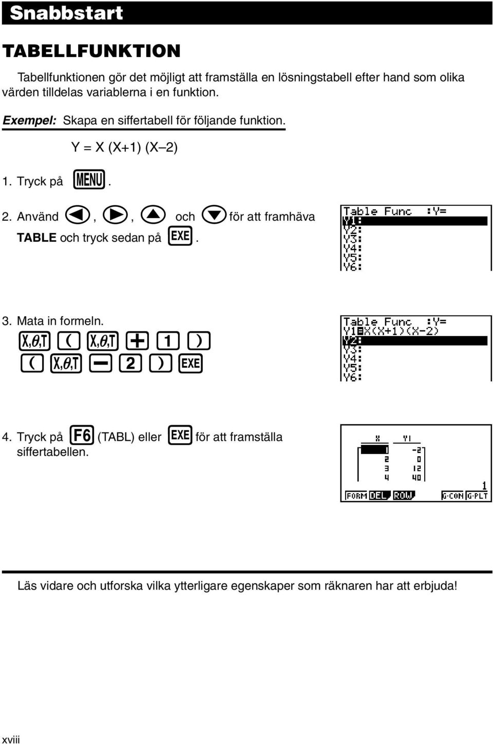 Y = X (X+1) (X 2) 2. Använd d, e, f och cför att framhäva TABLE och tryck sedan på w. 3. Mata in formeln. v(v+b) (v-c)w 4.