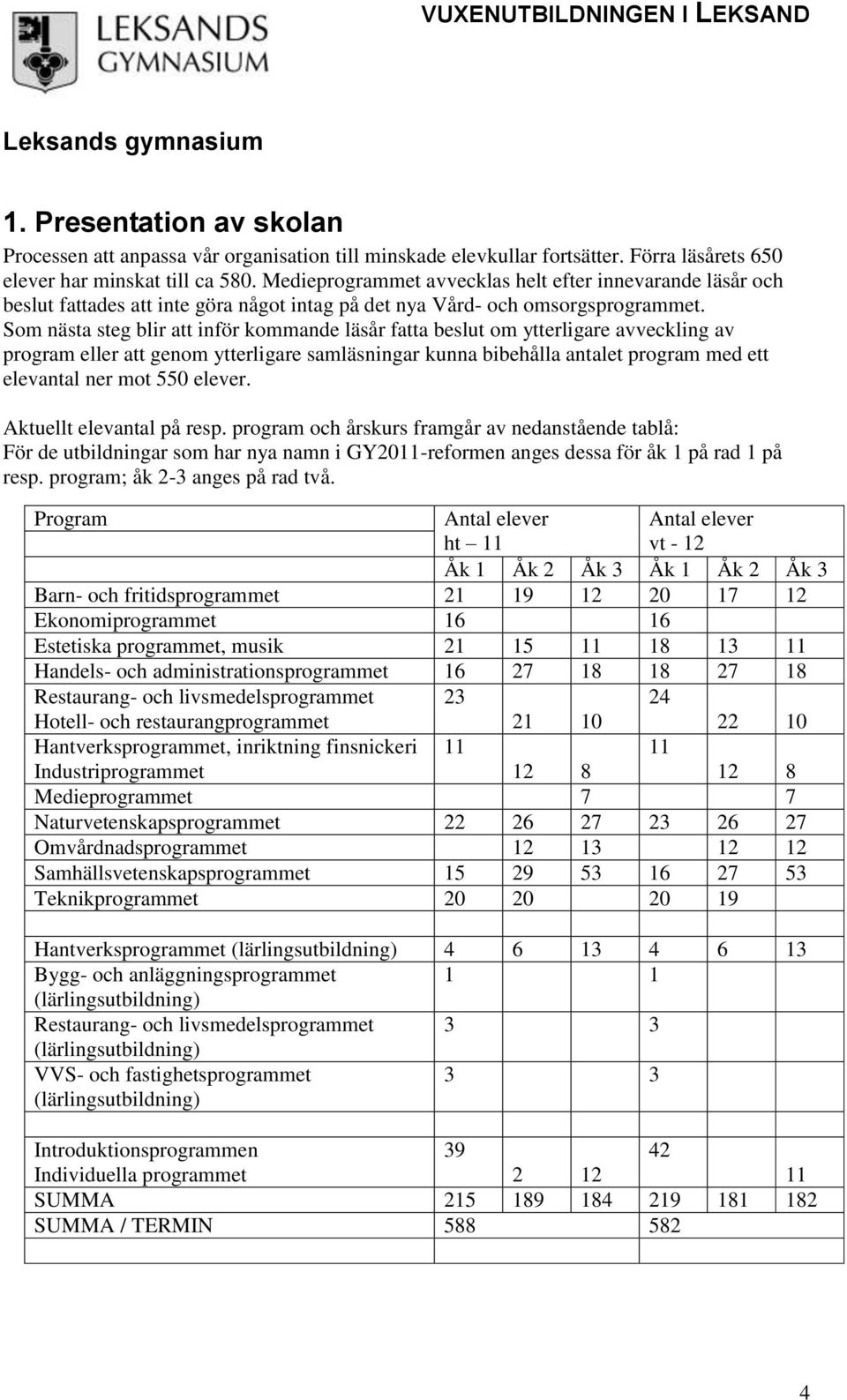 Som nästa steg blir att inför kommande läsår fatta beslut om ytterligare avveckling av program eller att genom ytterligare samläsningar kunna bibehålla antalet program med ett elevantal ner mot 550