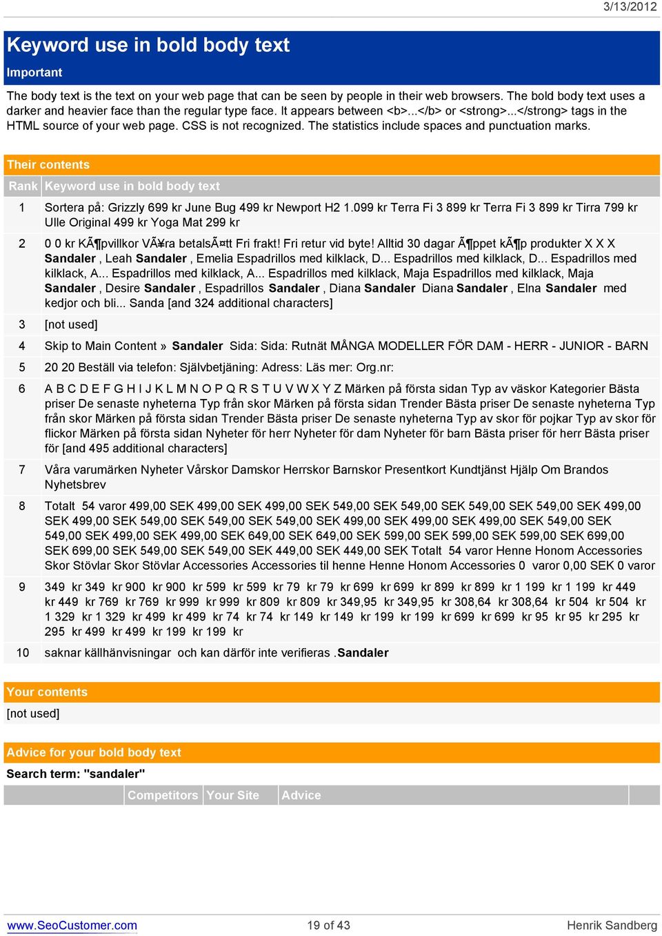 The statistics include spaces and punctuation marks. Their contents Rank Keyword use in bold body text 1 Sortera på: Grizzly 699 kr June Bug 499 kr Newport H2 1.