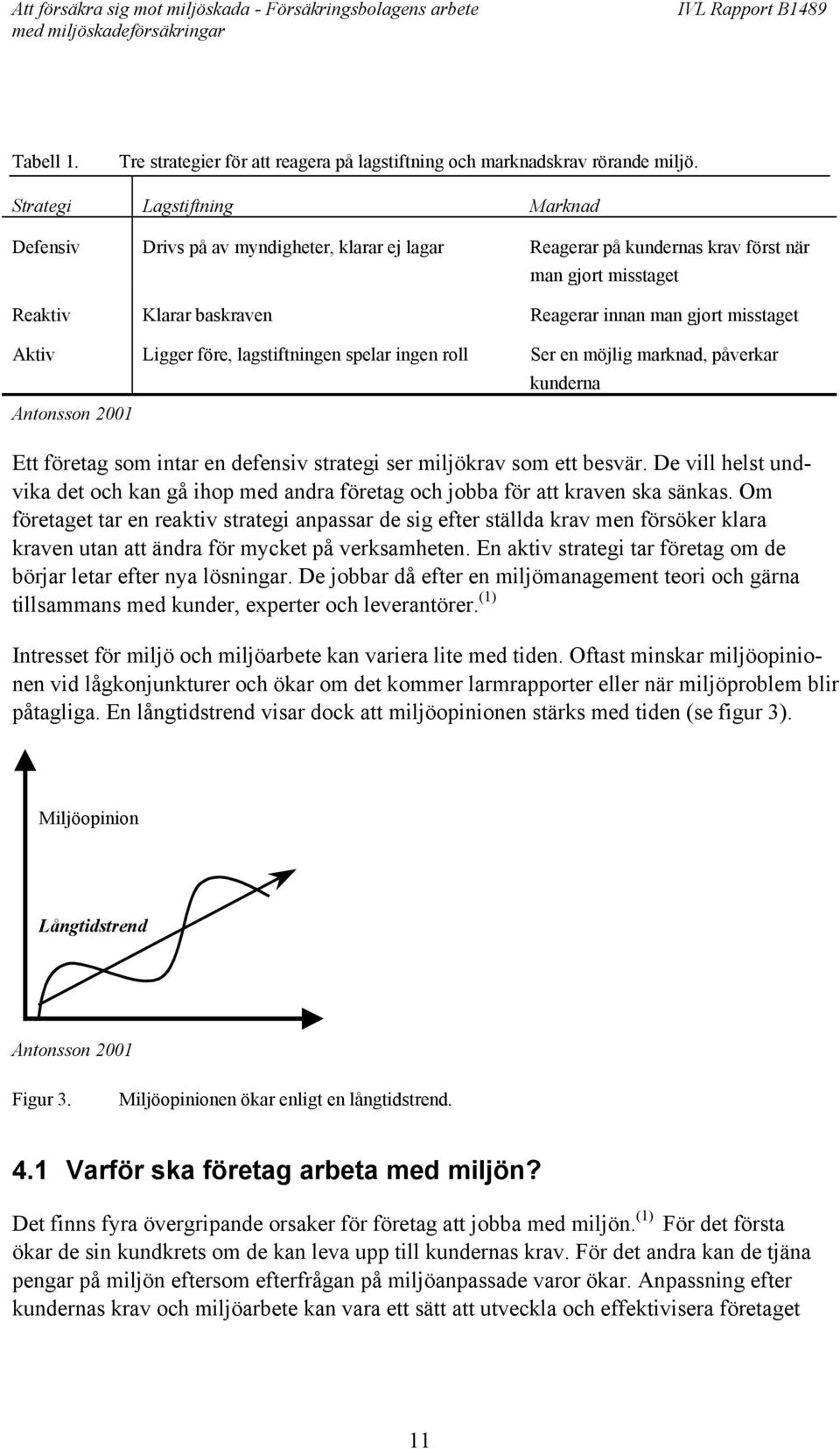 Aktiv Ligger före, lagstiftningen spelar ingen roll Ser en möjlig marknad, påverkar kunderna Antonsson 2001 Ett företag som intar en defensiv strategi ser miljökrav som ett besvär.