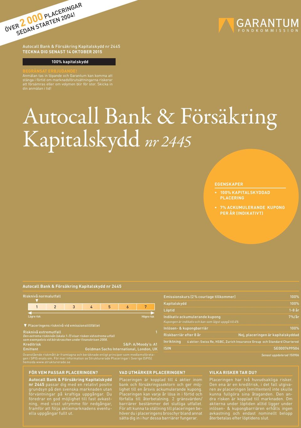 Autocall Bank & Försäkring Kapitalskydd nr 2445 EGENSKAPER 100% KAPITALSKYDDAD PLACERING 7% ACKUMULERANDE KUPONG PER ÅR (INDIKATIVT) Autocall Bank & Försäkring Kapitalskydd nr 2445 Risknivå