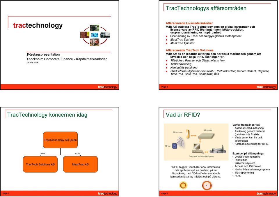 Licensiering av TracTechnologys globala metodpatent MeatTrac System MeatTrac Tjänster Affärsområde TracTech Solutions Mål: Att bli en ledande aktör på den nordiska marknaden genom att utveckla och