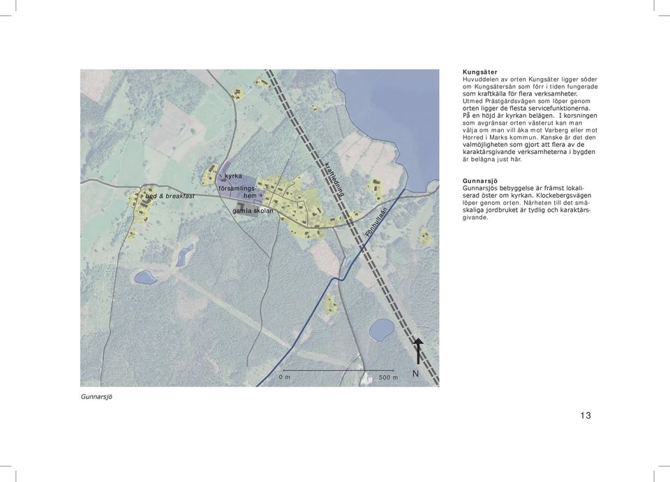 I korsningen som avgränsar orten västerut kan man välja om man vill åka mot Varberg eller mot Horred i Marks kommun.