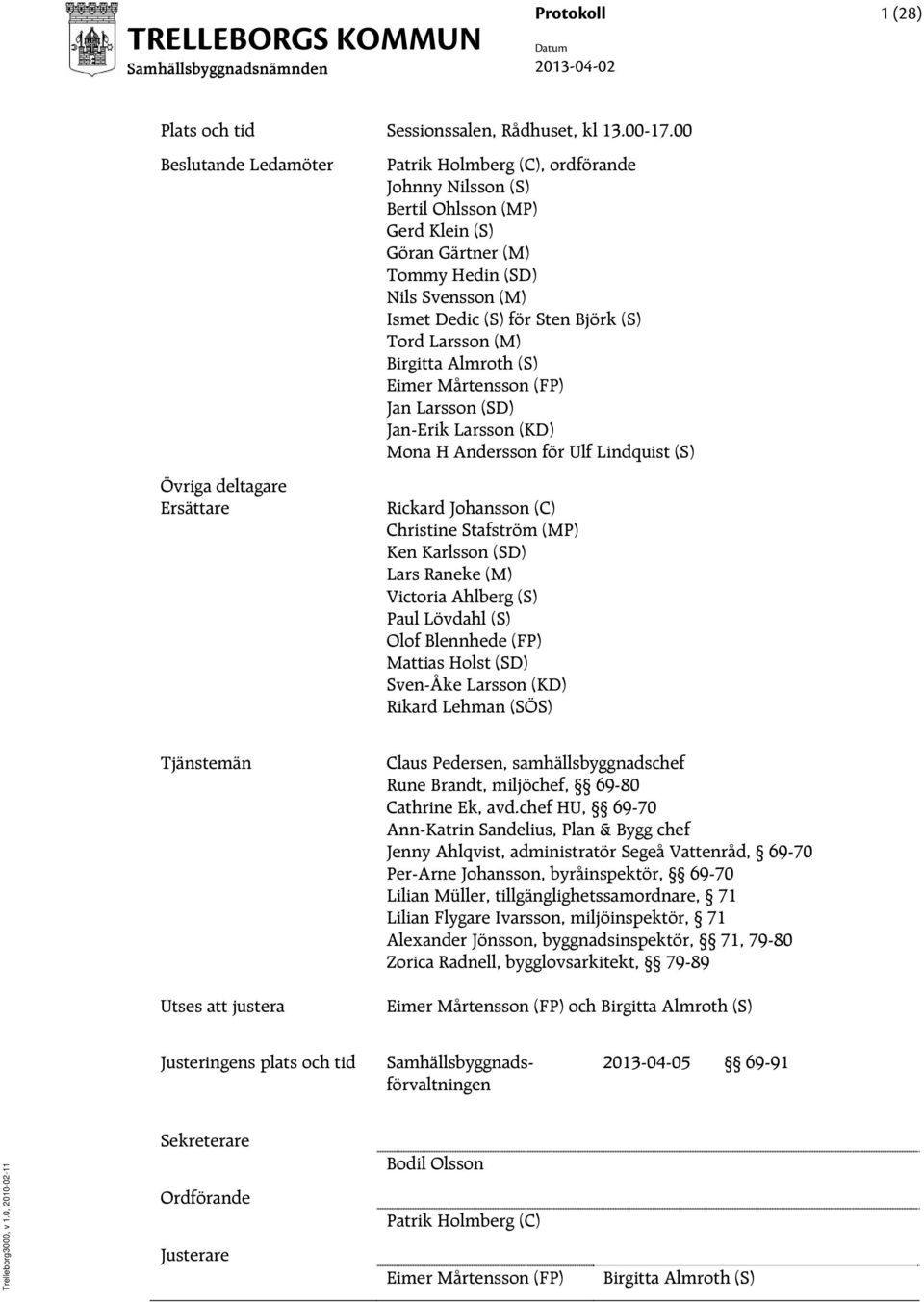 för Sten Björk (S) Tord Larsson (M) Birgitta Almroth (S) Eimer Mårtensson (FP) Jan Larsson (SD) Jan-Erik Larsson (KD) Mona H Andersson för Ulf Lindquist (S) Rickard Johansson (C) Christine Stafström