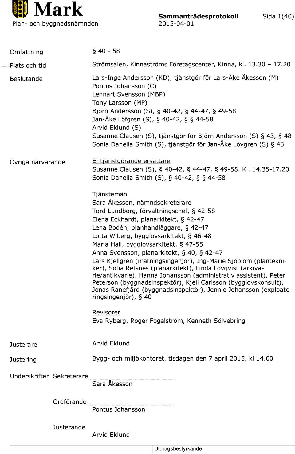 Jan-Åke Löfgren (S), 40-42, 44-58 Arvid Eklund (S) Susanne Clausen (S), tjänstgör för Björn Andersson (S) 43, 48 Sonia Danella Smith (S), tjänstgör för Jan-Åke Lövgren (S) 43 Ej tjänstgörande