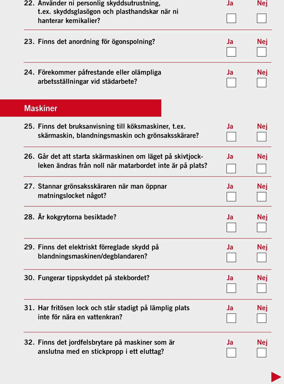 26. Går det att starta skärmaskinen om läget på skivtjock- Ja Nej leken ändras från noll när matarbordet inte är på plats? 27. Stannar grönsaksskäraren när man öppnar Ja Nej matningslocket något? 28.