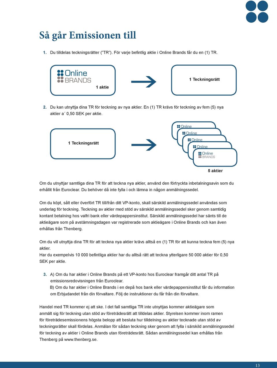 1 Teckningsrätt g Online Online Online Online Online BRANDS 5 aktier Om du utnyttjar samtliga dina TR för att teckna nya aktier, använd den förtryckta inbetalningsavin som du erhållit från Euroclear.