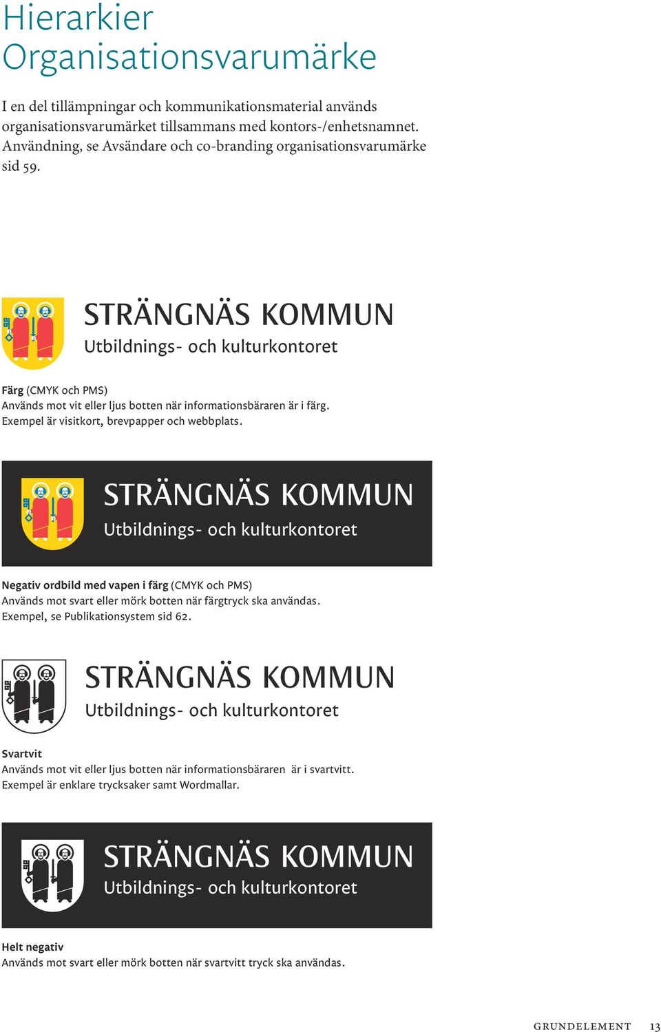 Exempel är visitkort, brevpapper och webbplats. Utbildnings- och kulturkontoret Negativ ordbild med vapen i färg (CMYK och PMS) Används mot svart eller mörk botten när färgtryck ska användas.