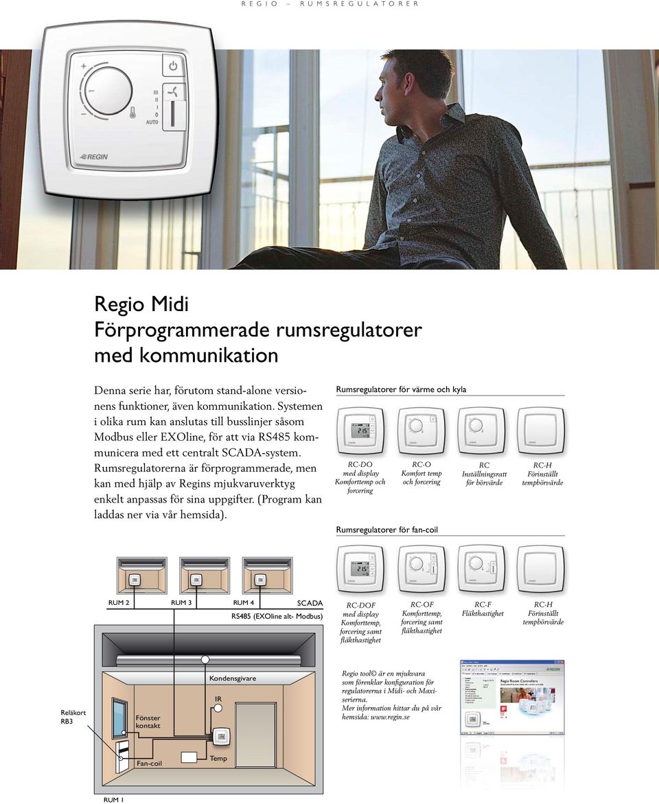 Rumsregulatorerna är förprogrammerade, men kan med hjälp av Regins mjukvaruverktyg enkelt anpassas för sina uppgifter. (Program kan laddas ner via vår hemsida).