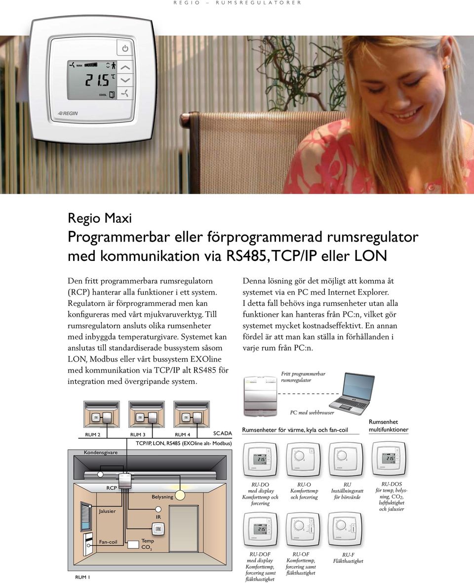 Systemet kan anslutas till standardiserade bussystem såsom LON, Modbus eller vårt bussystem EXOline med kommunikation via TCP/IP alt RS485 för integration med övergripande system.