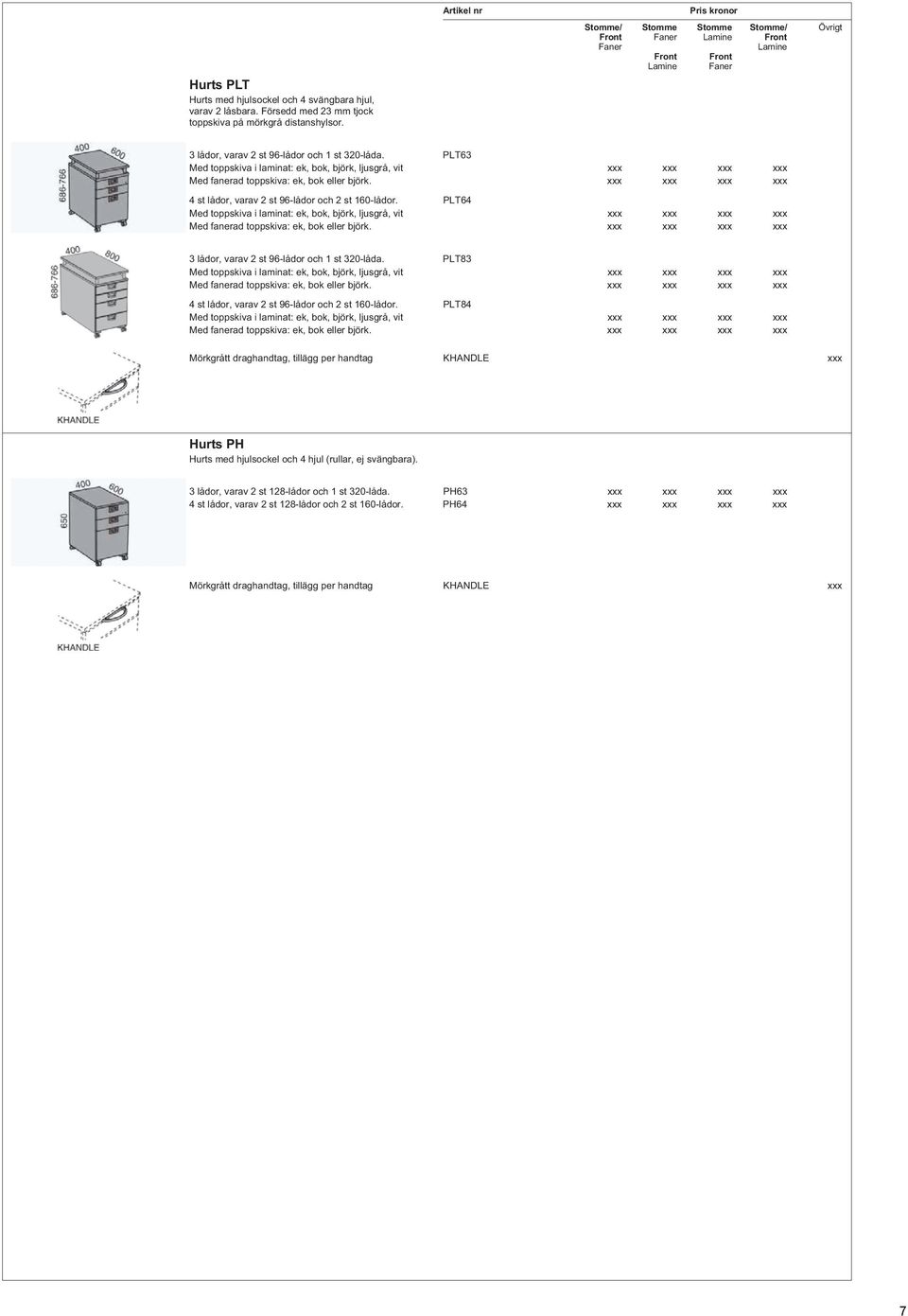 PLT63 Med toppskiva i laminat: ek, bok, björk, ljusgrå, vit xxx xxx xxx xxx Med fanerad toppskiva: ek, bok eller björk. xxx xxx xxx xxx 4 st lådor, varav 2 st 96-lådor och 2 st 160-lådor.