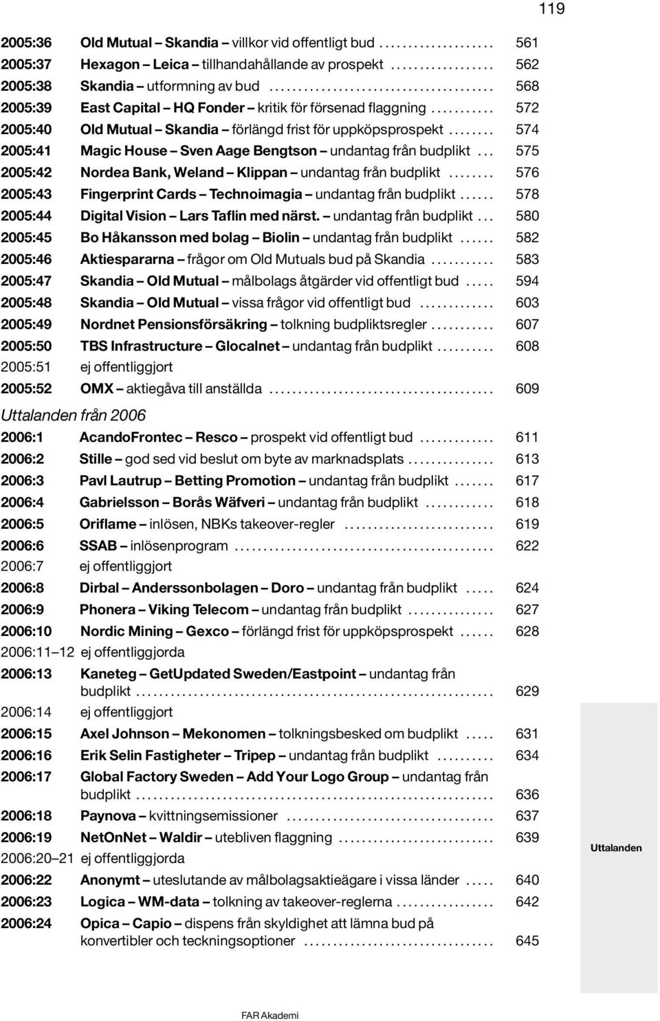 ....... 574 2005:41 Magic House Sven Aage Bengtson undantag från budplikt... 575 2005:42 Nordea Bank, Weland Klippan undantag från budplikt.